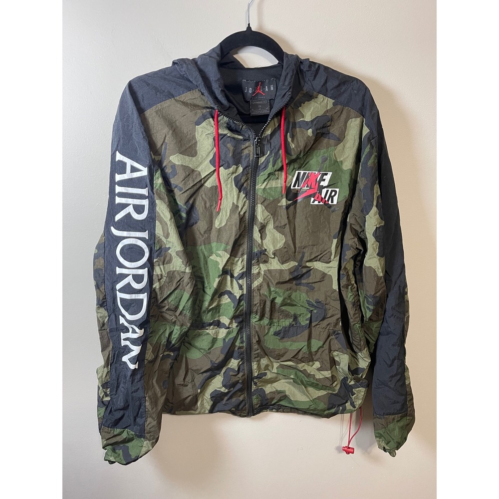 Jordan Jumpman Air Camo Windbreaker Jacket Mens Medium Green Black Full Zip Hood
